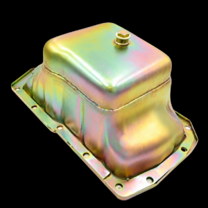 Metallic oil pan with iridescent finish.