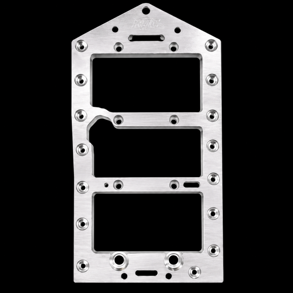 Metallic rectangular bracket with multiple holes.