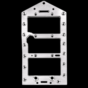 Metallic rectangular bracket with multiple holes.
