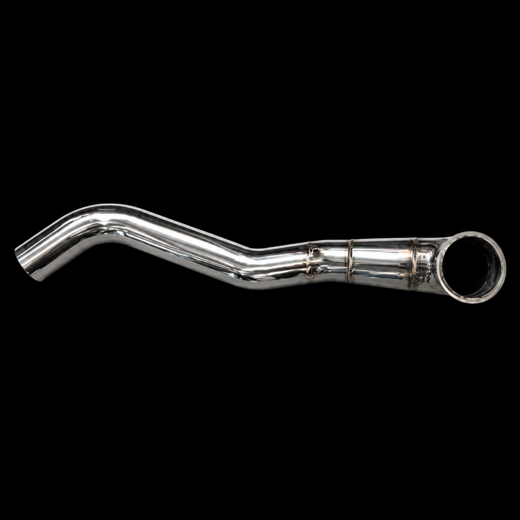 Shiny metal exhaust pipe on black background.