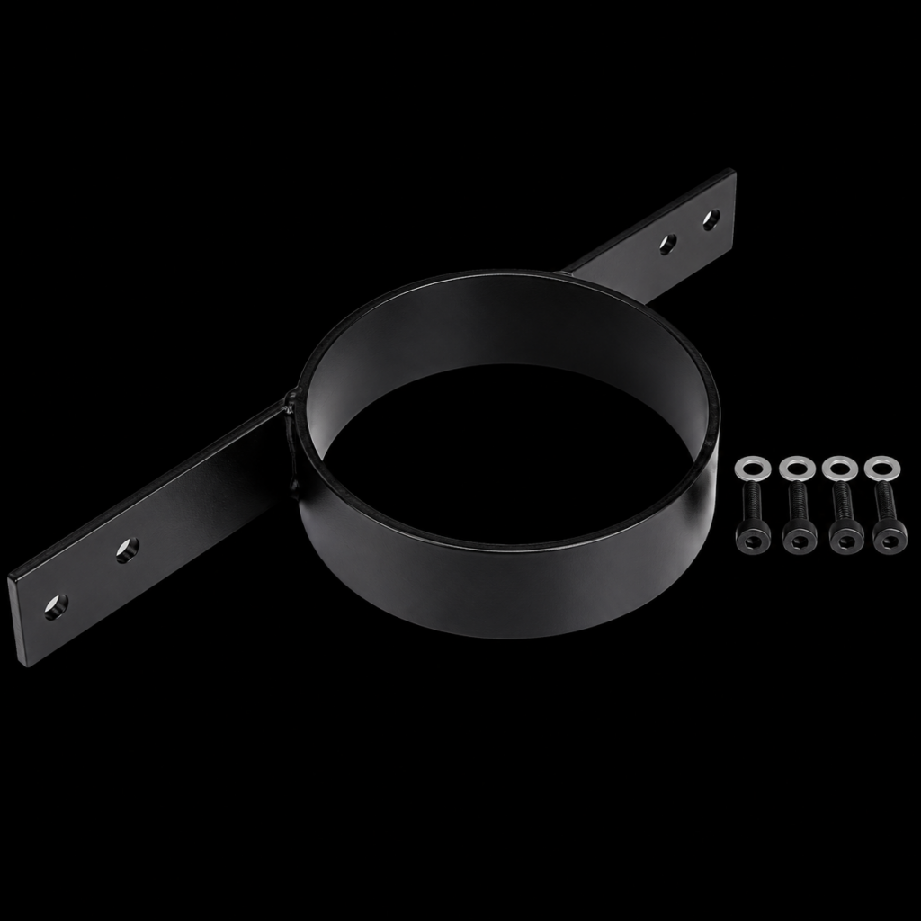 Black mounting bracket with screws on black background.