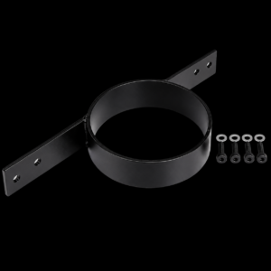 Black mounting bracket with screws on black background.