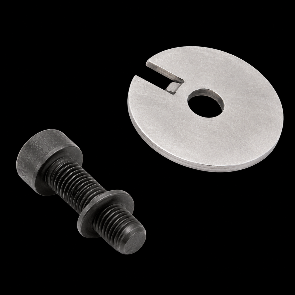 Metal bolt and slotted washer on black background.