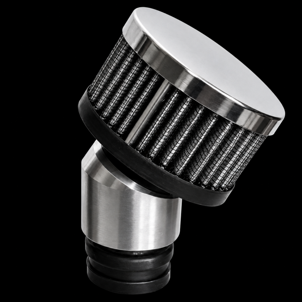 Chrome and black automotive air filter.