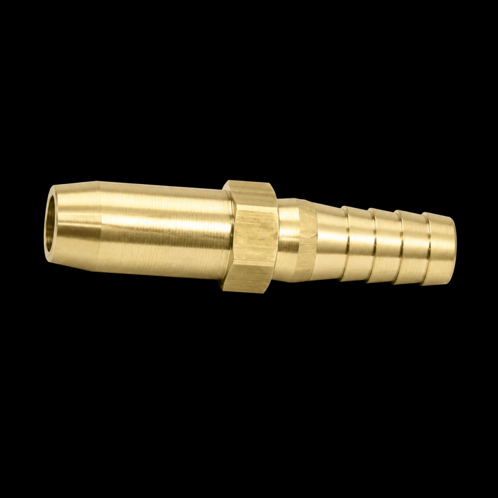 Brass hose fitting on black background.