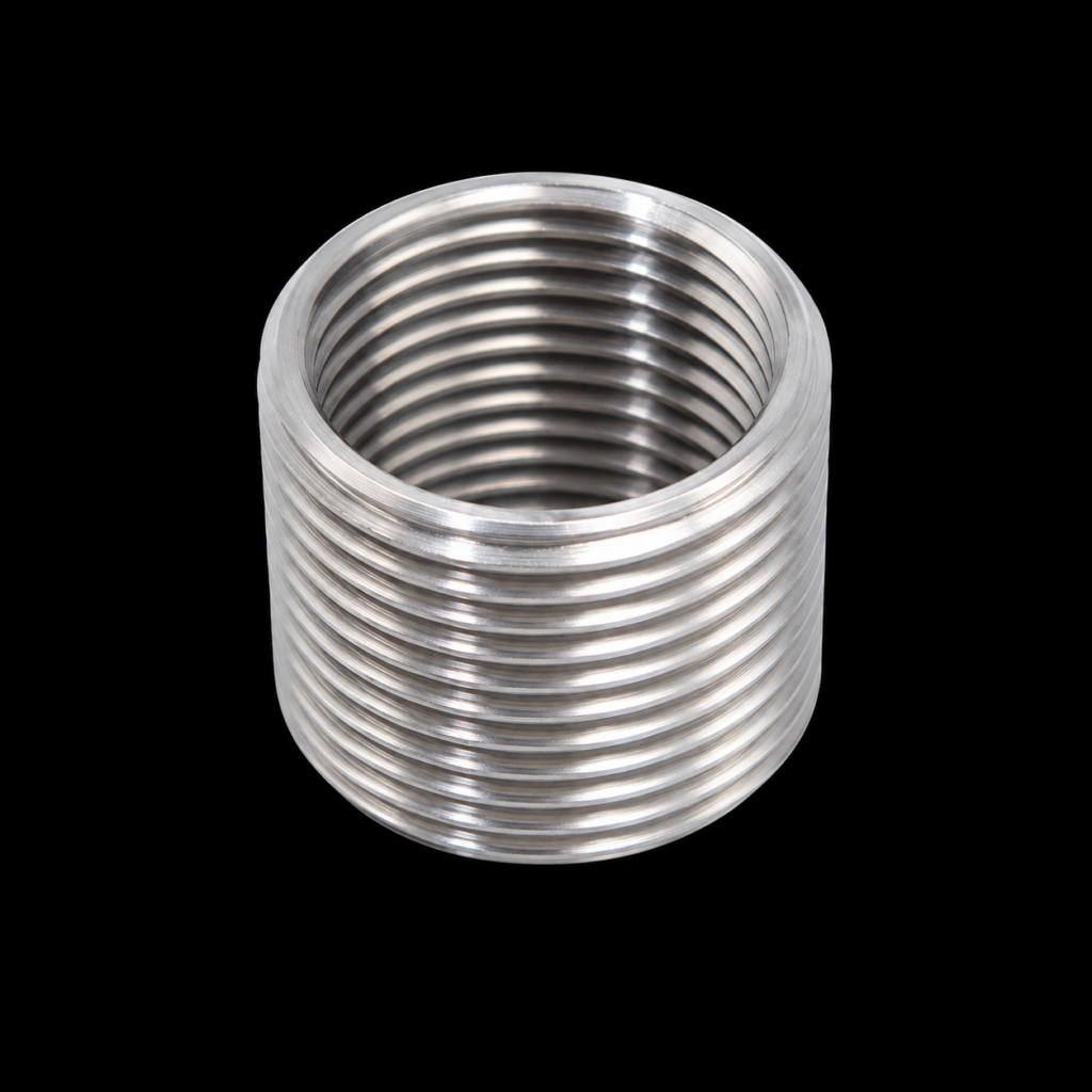 Metal threaded coupling on black background.