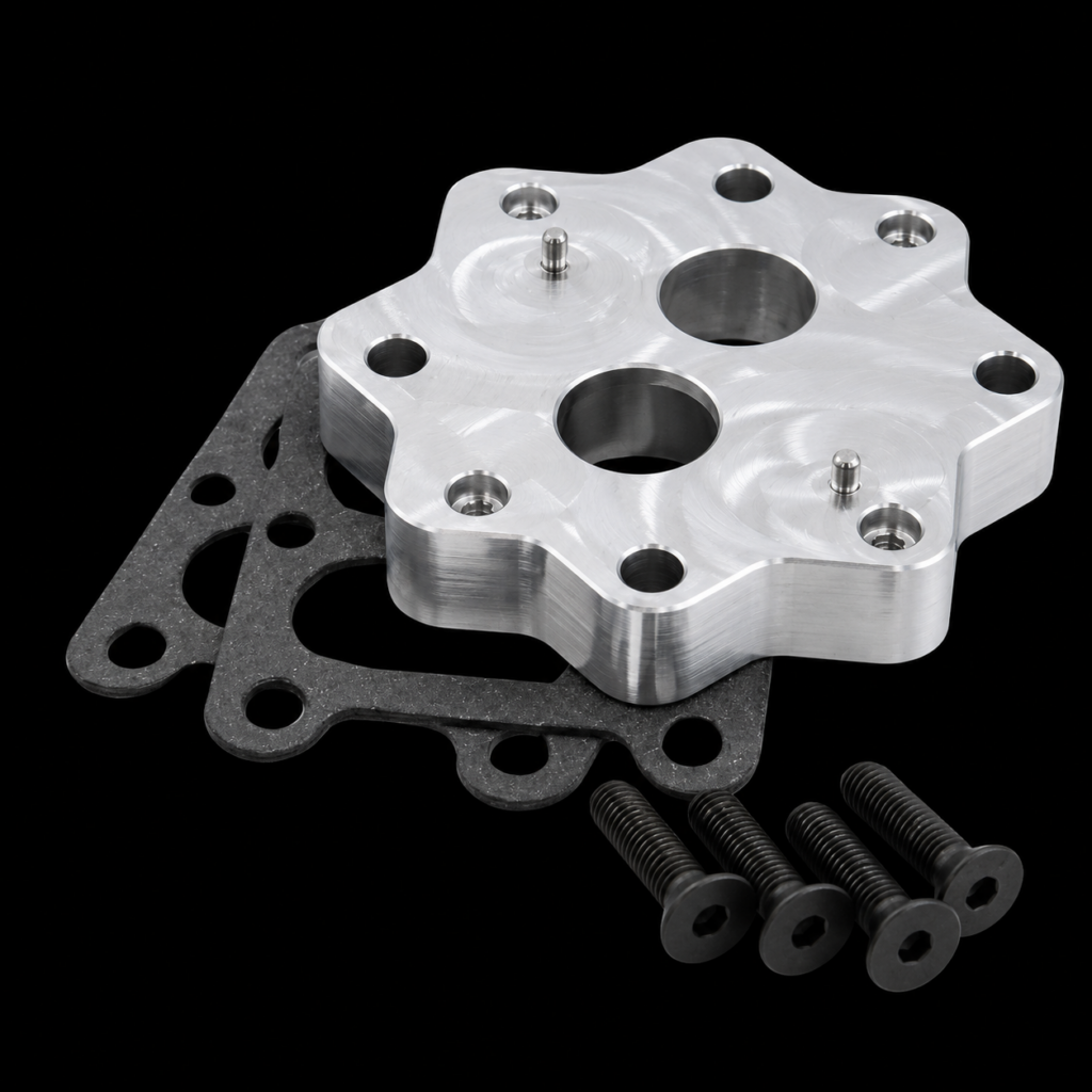 Metal component with gaskets and screws.