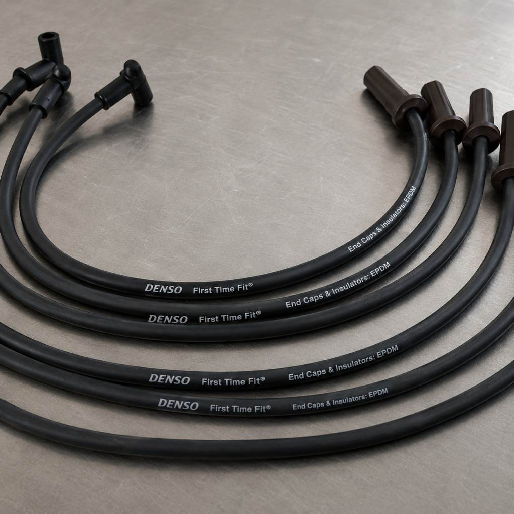 Four Denso ignition wires on a table.