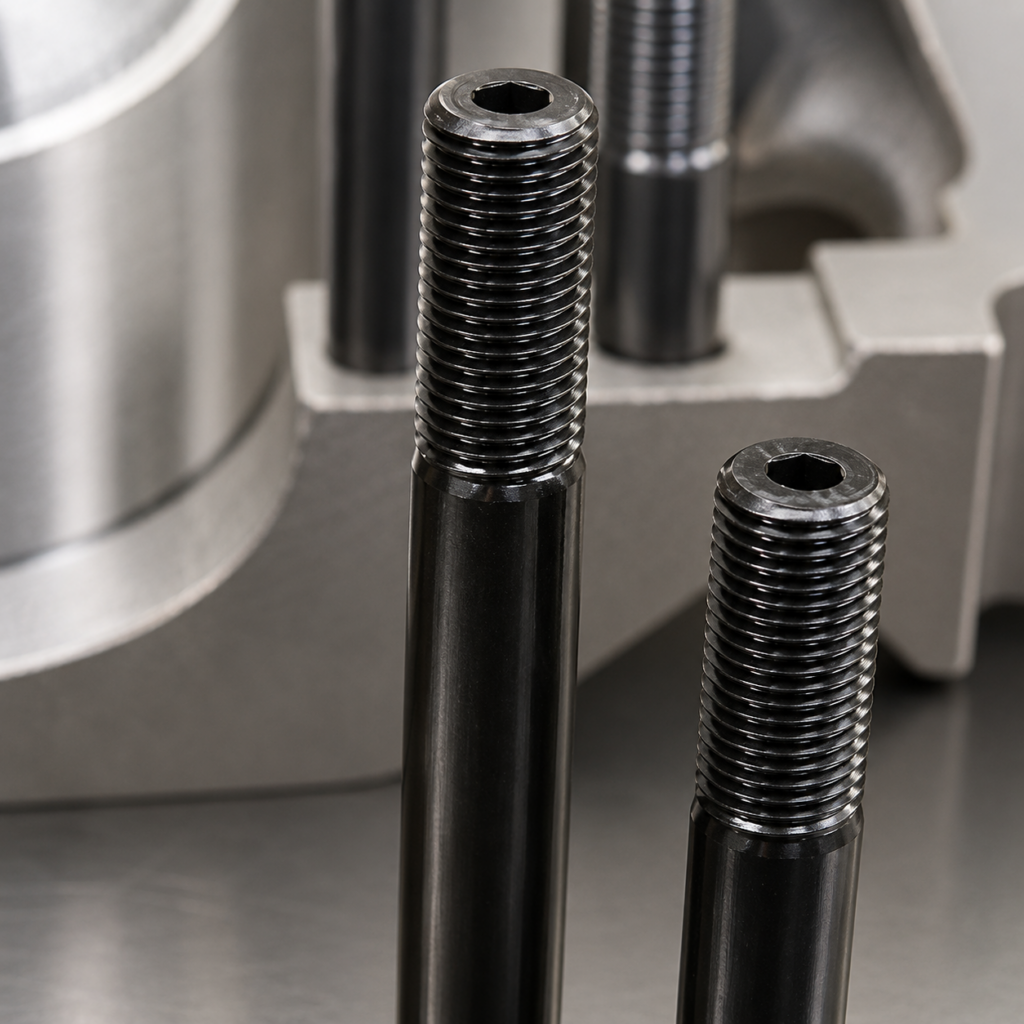 Metal rods with threaded ends and machinery.