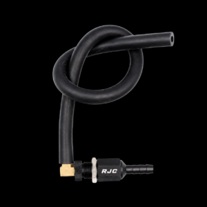 Black coiled hose with metal fitting.