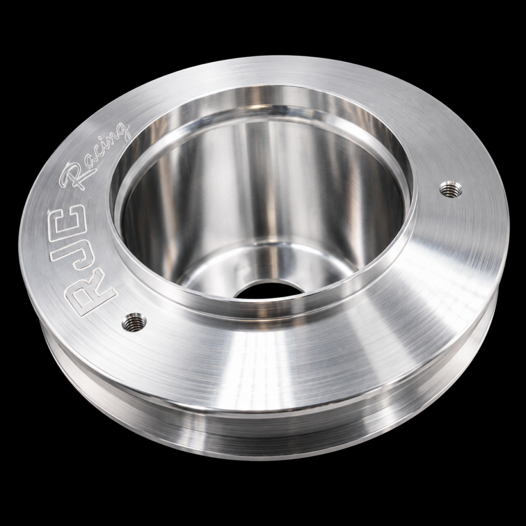 Polished metal racing part with engraved logo.