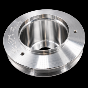 Polished metal racing part with engraved logo.