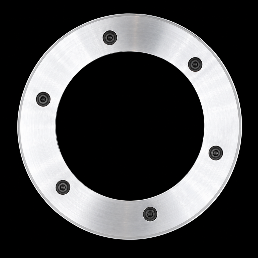Metallic circular ring with bolt holes.