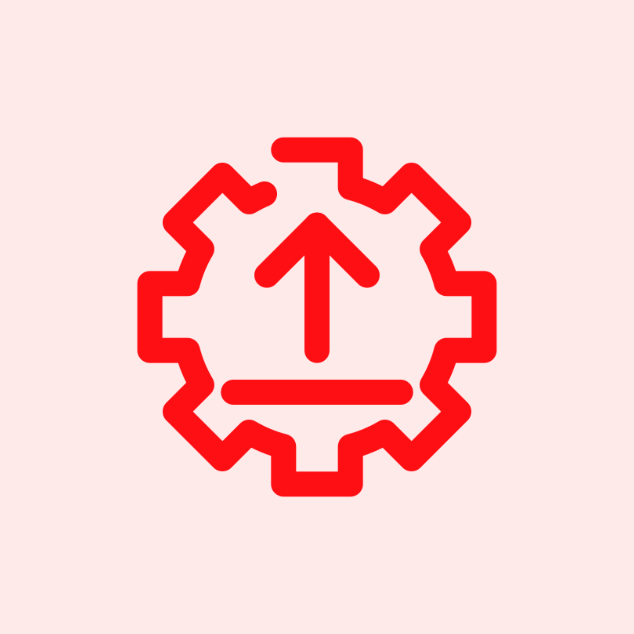 Red upload icon with gear outline.