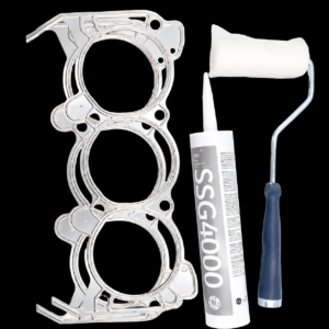 Gasket, sealant, and roller on black background.