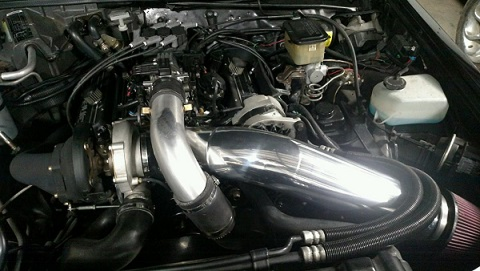 Detailed view of modified vehicle engine bay