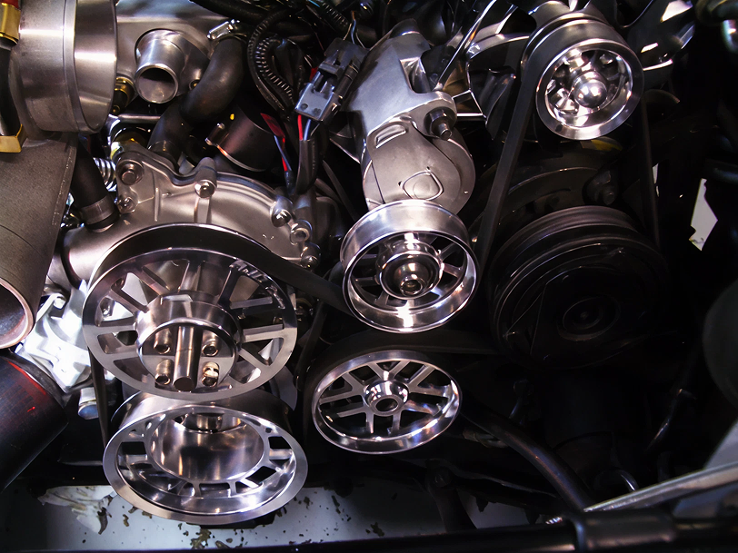 Close-up of polished automotive engine components