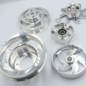Silver auto parts, pulleys, and fans