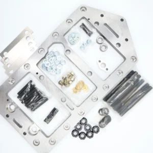 Automotive engine components on white background