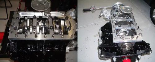 Automotive engine internals being assembled
